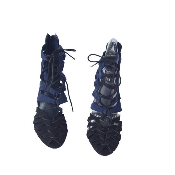 Zara High Heel Lace-up Colorblock Sandals Moody Blue & Black - Picture 4 of 7